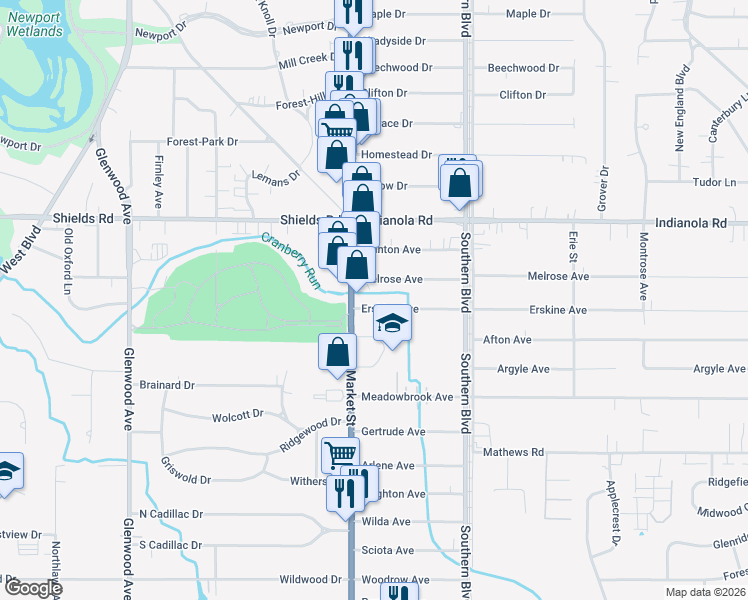 map of restaurants, bars, coffee shops, grocery stores, and more near 5325 Market Street in Boardman