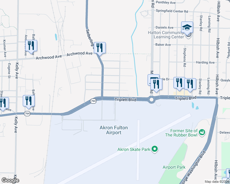 map of restaurants, bars, coffee shops, grocery stores, and more near 640 Essex Street in Akron