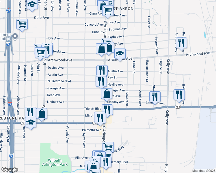 map of restaurants, bars, coffee shops, grocery stores, and more near 1011 South Arlington Street in Akron