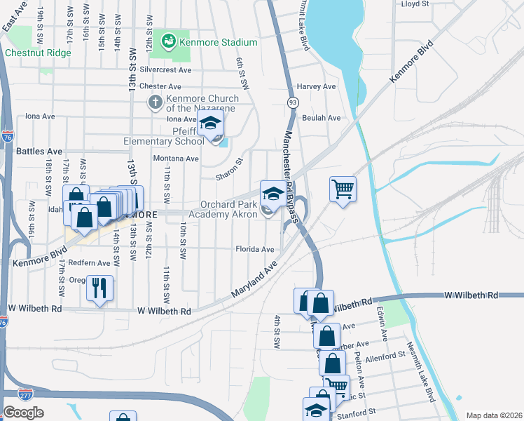 map of restaurants, bars, coffee shops, grocery stores, and more near 698 Kenmore Boulevard in Akron
