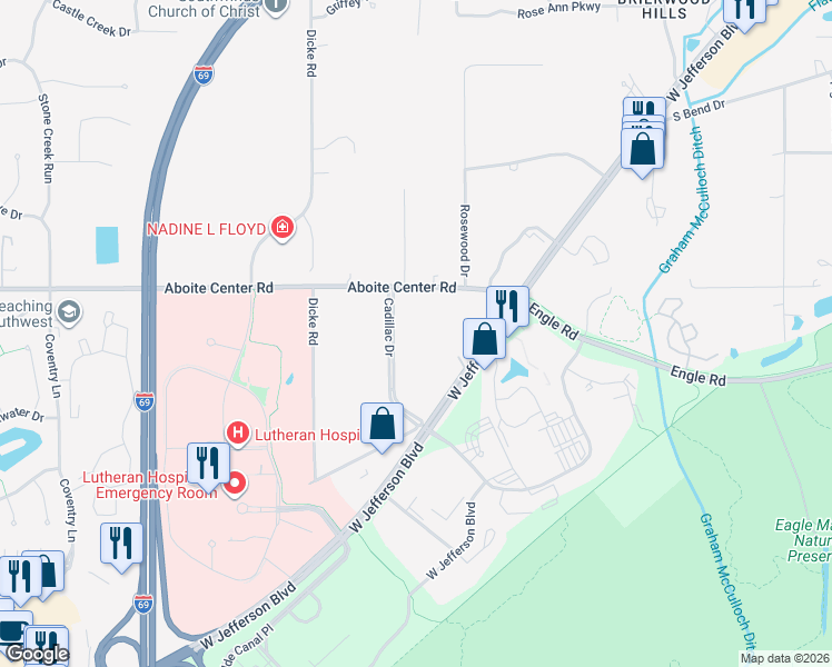map of restaurants, bars, coffee shops, grocery stores, and more near 7631 Aboite Center Road in Fort Wayne