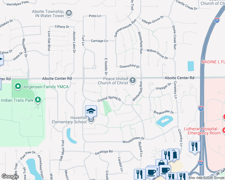 map of restaurants, bars, coffee shops, grocery stores, and more near 9303 Aboite Center Road in Fort Wayne