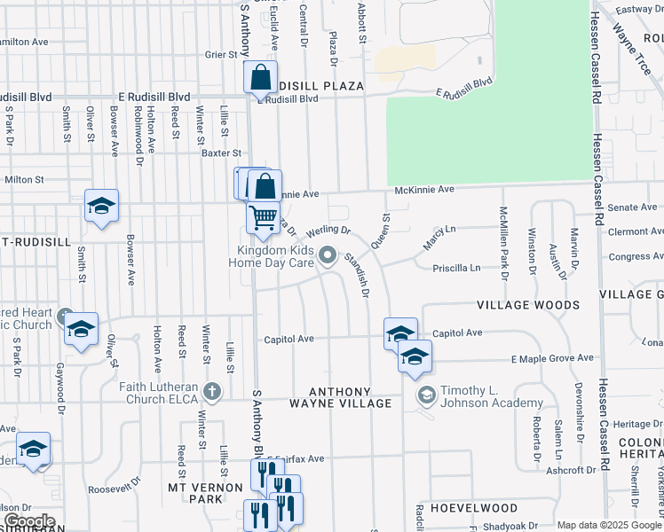 map of restaurants, bars, coffee shops, grocery stores, and more near 4303 Standish Drive in Fort Wayne