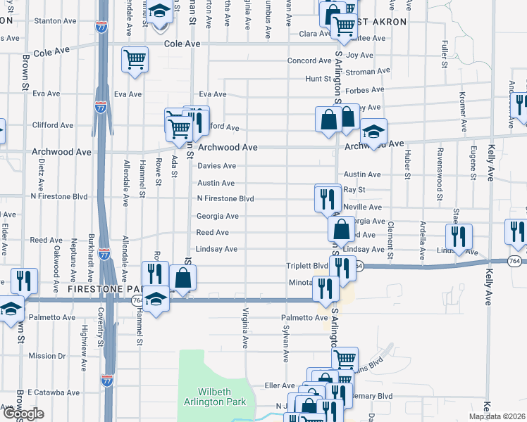 map of restaurants, bars, coffee shops, grocery stores, and more near 885 North Firestone Boulevard in Akron