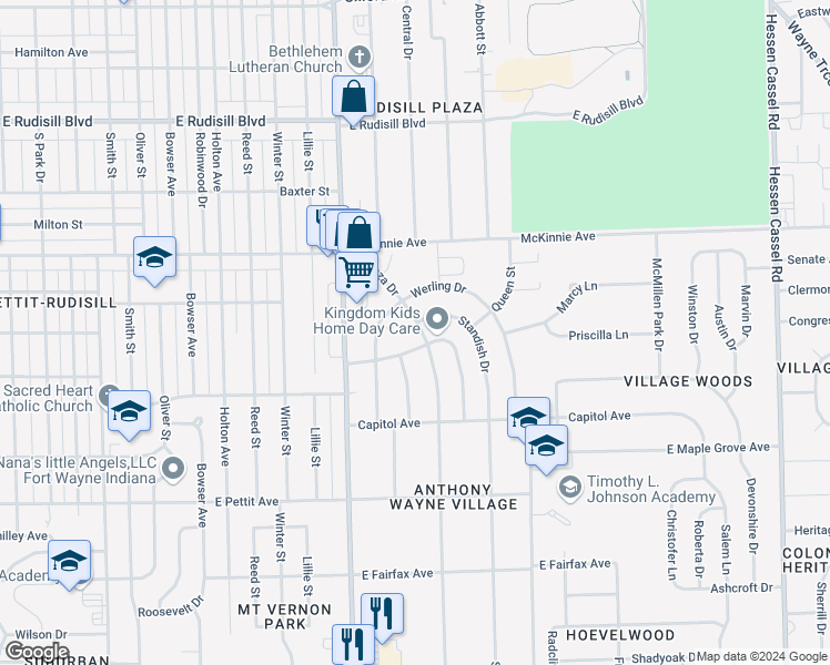map of restaurants, bars, coffee shops, grocery stores, and more near 4310 Plaza Drive in Fort Wayne