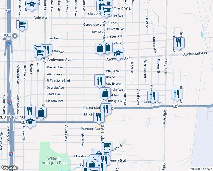 map of restaurants, bars, coffee shops, grocery stores, and more near 1011 South Arlington Street in Akron