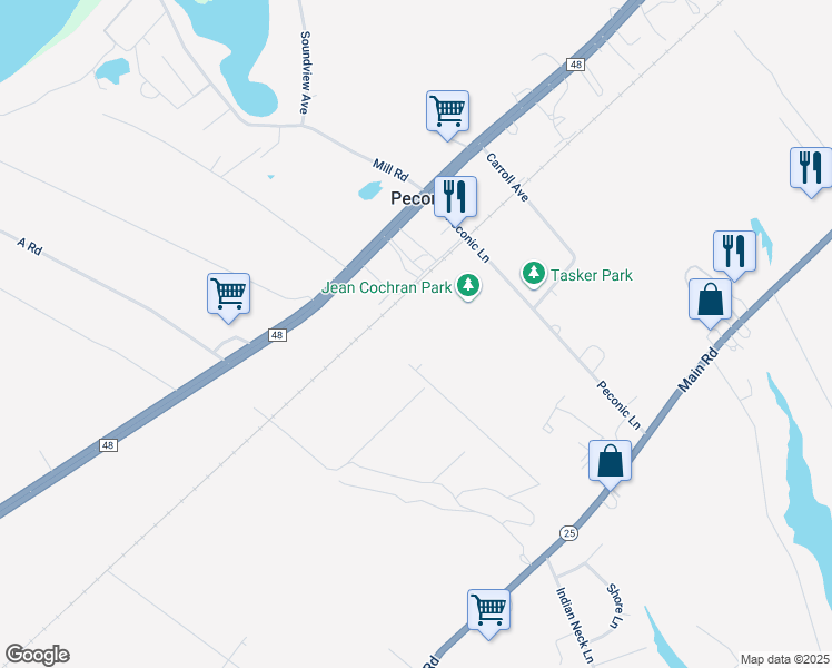 map of restaurants, bars, coffee shops, grocery stores, and more near 420 Pauls Lane in Peconic