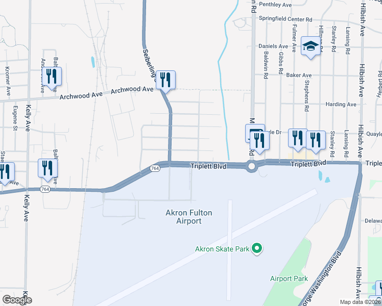 map of restaurants, bars, coffee shops, grocery stores, and more near 640 Essex Street in Akron