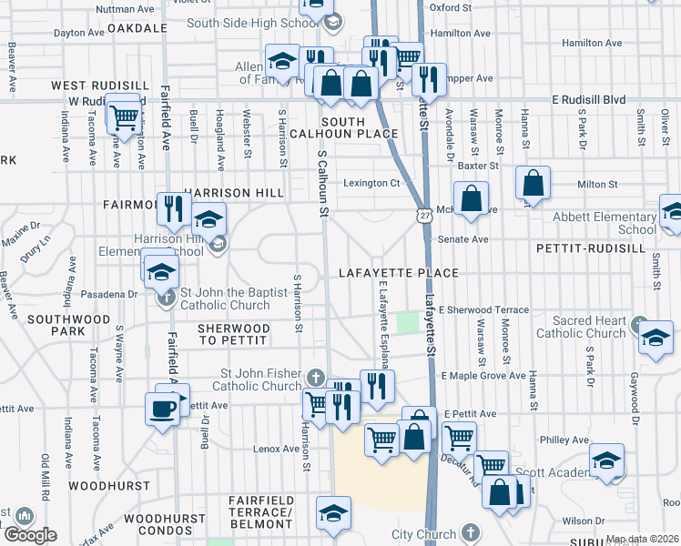 map of restaurants, bars, coffee shops, grocery stores, and more near 121 Congress Avenue in Fort Wayne