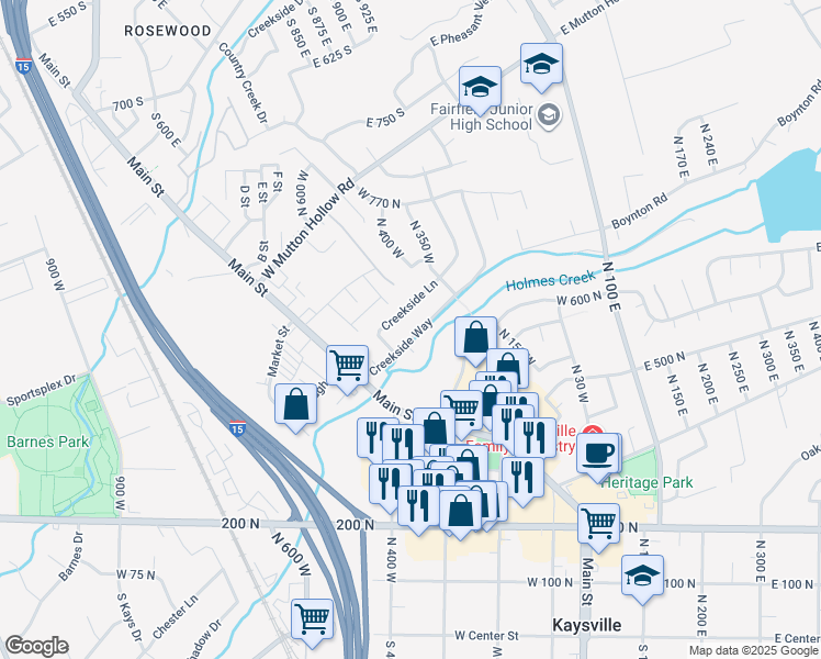 map of restaurants, bars, coffee shops, grocery stores, and more near 399 Creekside Lane in Kaysville