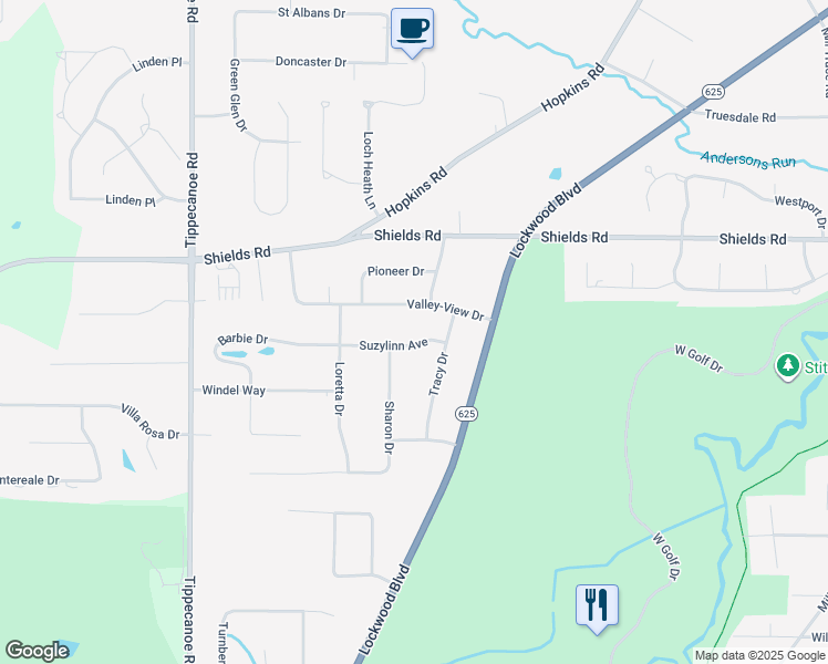 map of restaurants, bars, coffee shops, grocery stores, and more near 1277 Valley-View Drive in Youngstown