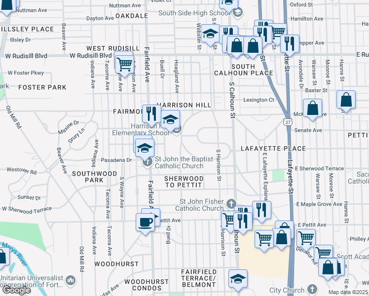 map of restaurants, bars, coffee shops, grocery stores, and more near 355 South Cornell Circle in Fort Wayne