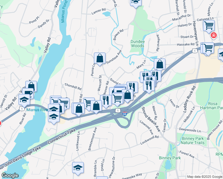 map of restaurants, bars, coffee shops, grocery stores, and more near 1465 East Putnam Avenue in Greenwich