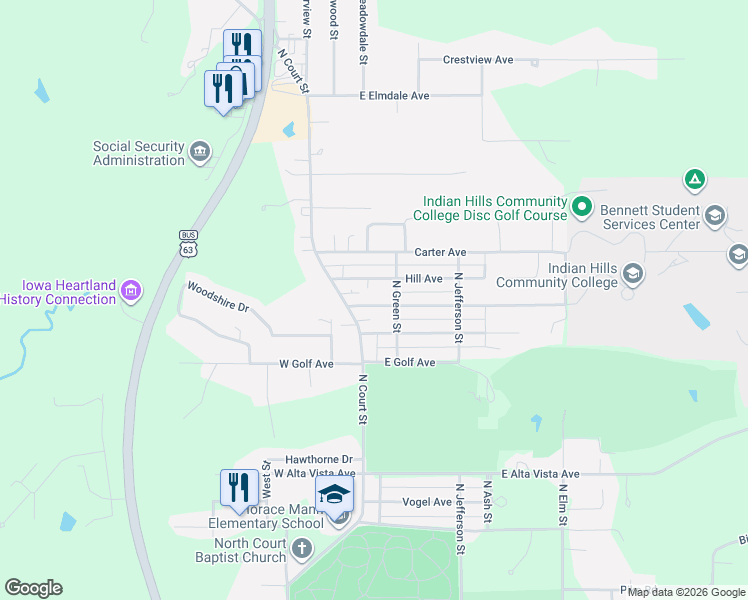 map of restaurants, bars, coffee shops, grocery stores, and more near 100 Hill Avenue in Ottumwa