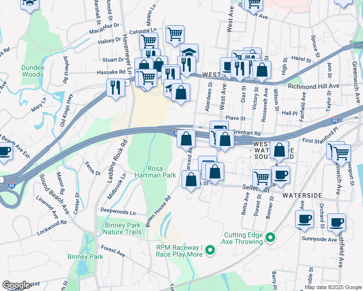 map of restaurants, bars, coffee shops, grocery stores, and more near 135 Harvard Avenue in Stamford