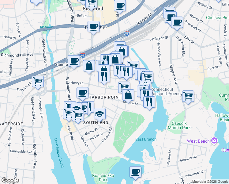 map of restaurants, bars, coffee shops, grocery stores, and more near 185 Henry Street in Stamford