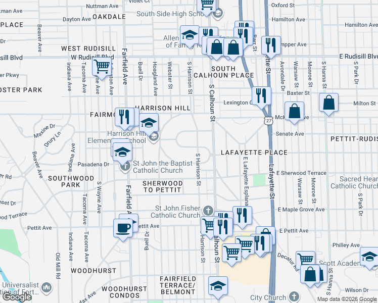 map of restaurants, bars, coffee shops, grocery stores, and more near 4330 South Harrison Street in Fort Wayne