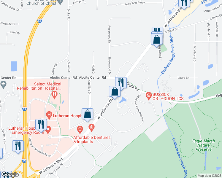 map of restaurants, bars, coffee shops, grocery stores, and more near 7506 West Jefferson Boulevard in Fort Wayne