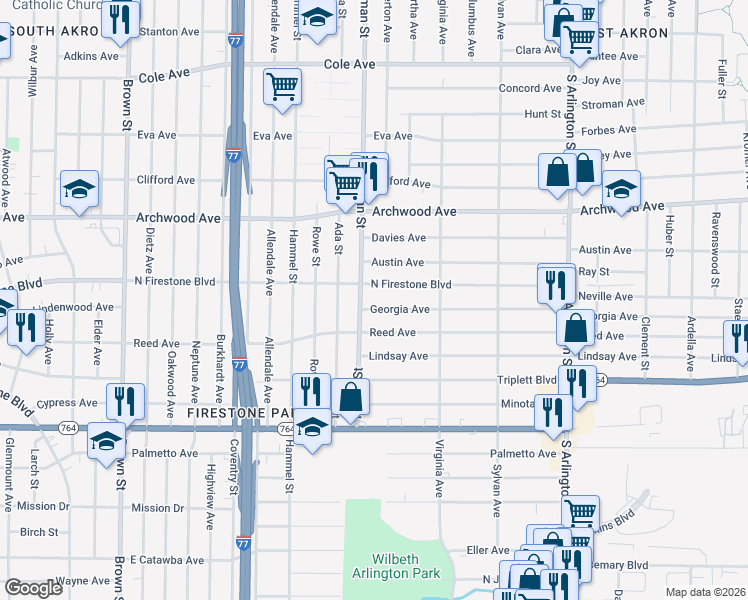 map of restaurants, bars, coffee shops, grocery stores, and more near 759 Georgia Avenue in Akron