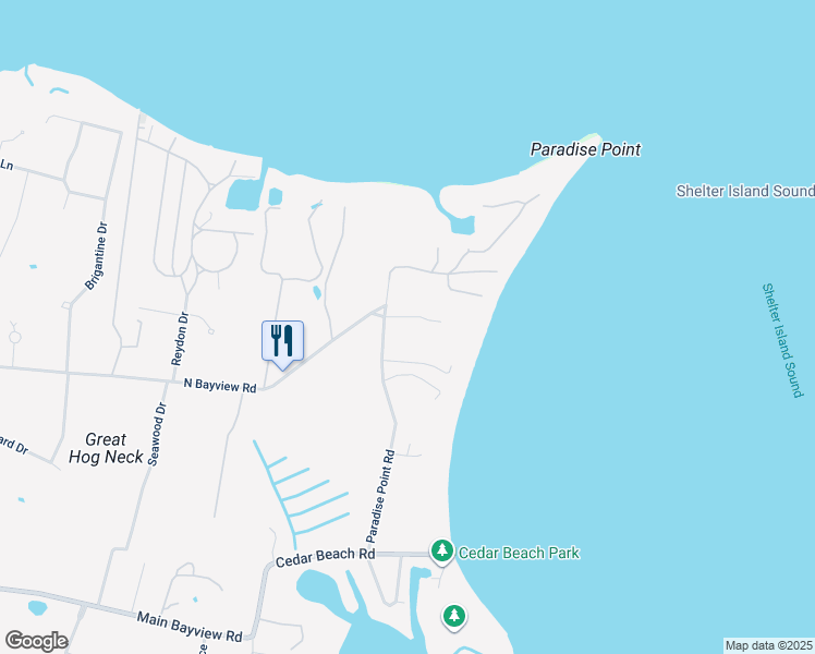 map of restaurants, bars, coffee shops, grocery stores, and more near 2500 Paradise Point Road in Southold