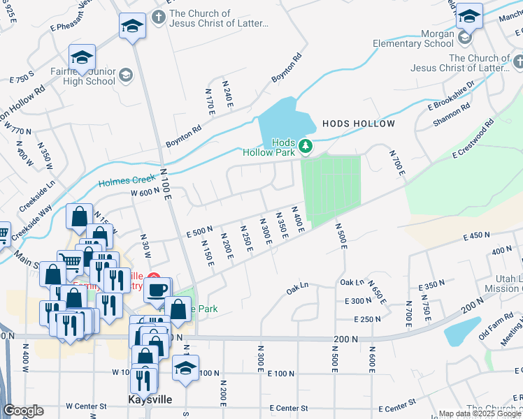 map of restaurants, bars, coffee shops, grocery stores, and more near 574 North 320 East in Kaysville