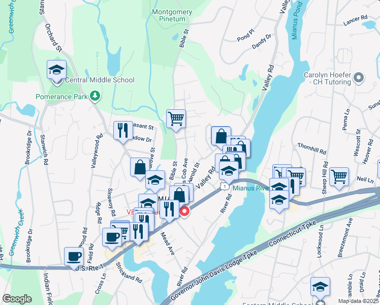 map of restaurants, bars, coffee shops, grocery stores, and more near 47 Cos Cob Avenue in Greenwich