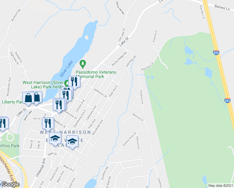 map of restaurants, bars, coffee shops, grocery stores, and more near 222 Park Avenue in Harrison