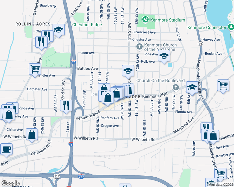 map of restaurants, bars, coffee shops, grocery stores, and more near 2176 15th Street Southwest in Akron