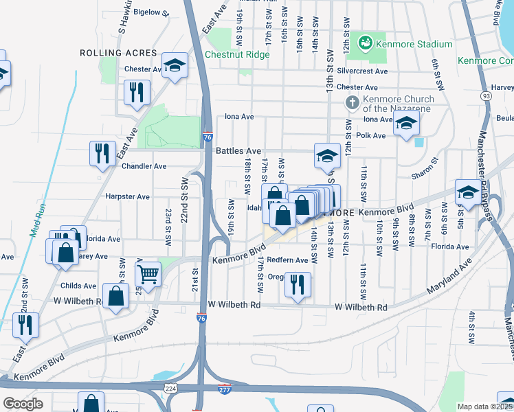 map of restaurants, bars, coffee shops, grocery stores, and more near 2181 18th Street Southwest in Akron