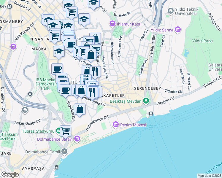 map of restaurants, bars, coffee shops, grocery stores, and more near in Beşiktaş