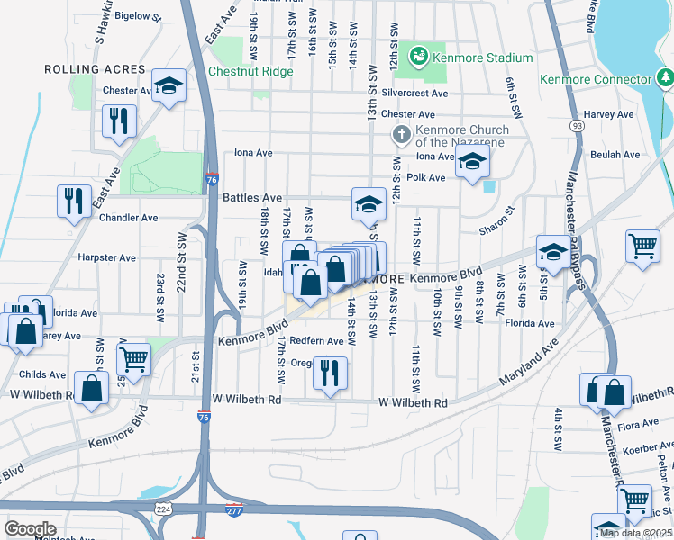 map of restaurants, bars, coffee shops, grocery stores, and more near 2176 15th Street Southwest in Akron