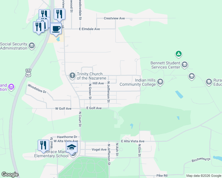 map of restaurants, bars, coffee shops, grocery stores, and more near 2150-2198 North Jefferson Street in Ottumwa