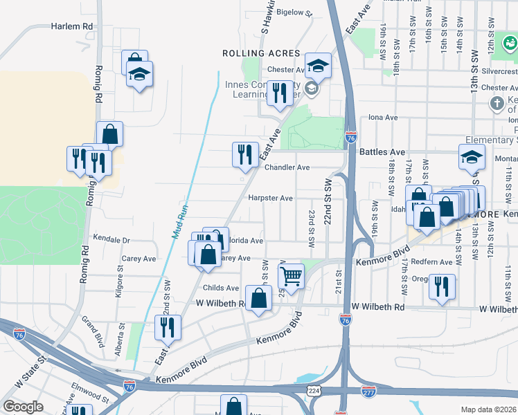 map of restaurants, bars, coffee shops, grocery stores, and more near 2175 East Avenue in Akron