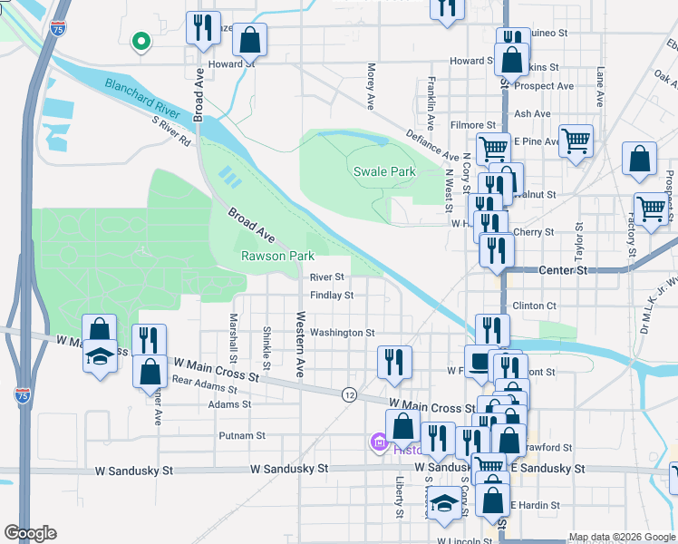map of restaurants, bars, coffee shops, grocery stores, and more near 526 River Street in Findlay