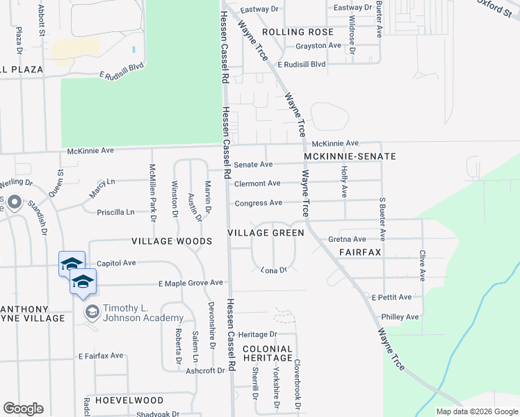 map of restaurants, bars, coffee shops, grocery stores, and more near 3316 Congress Avenue in Fort Wayne