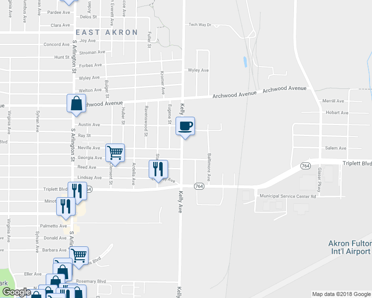 map of restaurants, bars, coffee shops, grocery stores, and more near 1033 Kelly Avenue in Akron