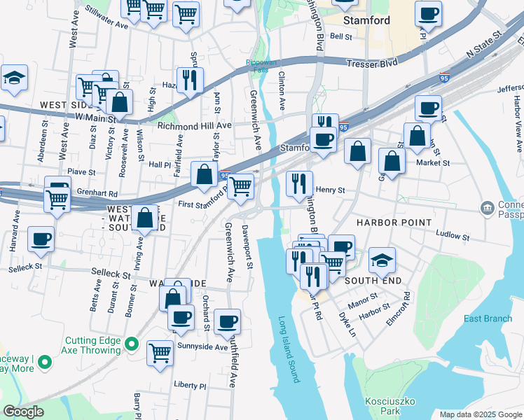 map of restaurants, bars, coffee shops, grocery stores, and more near 5 Waterside Place in Stamford