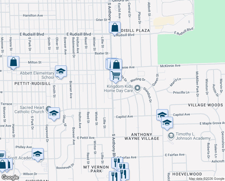 map of restaurants, bars, coffee shops, grocery stores, and more near 4432 South Anthony Boulevard in Fort Wayne