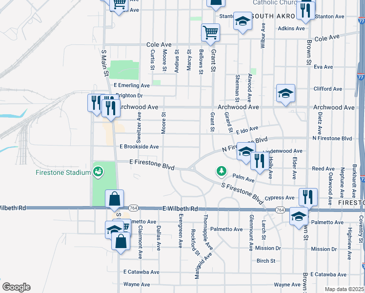 map of restaurants, bars, coffee shops, grocery stores, and more near in Akron