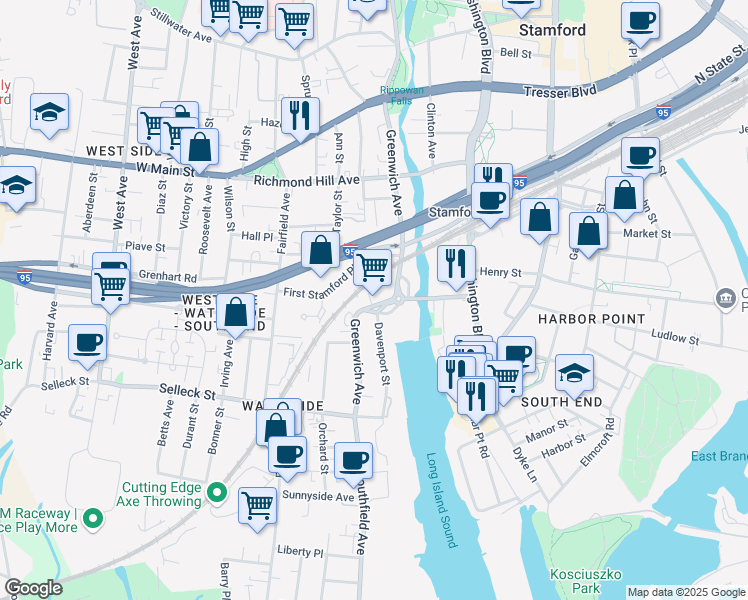 map of restaurants, bars, coffee shops, grocery stores, and more near 177 Greenwich Avenue in Stamford