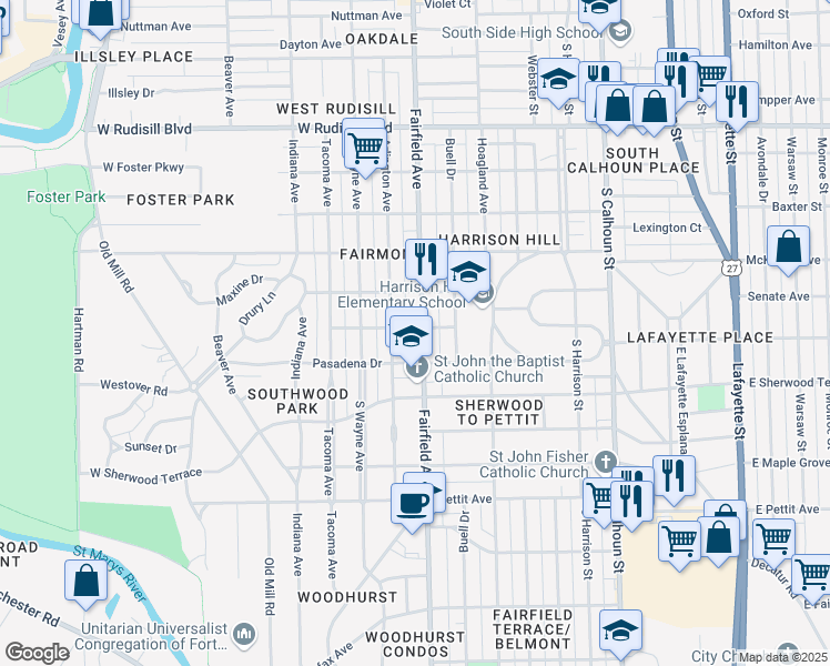 map of restaurants, bars, coffee shops, grocery stores, and more near 4402 Fairfield Avenue in Fort Wayne