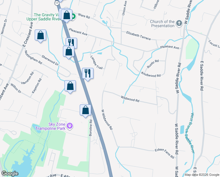 map of restaurants, bars, coffee shops, grocery stores, and more near 70 West Wildwood Road in Saddle River