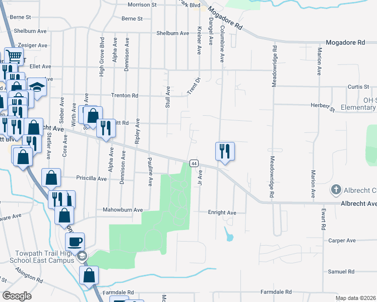 map of restaurants, bars, coffee shops, grocery stores, and more near 338 Kreiner Avenue in Akron