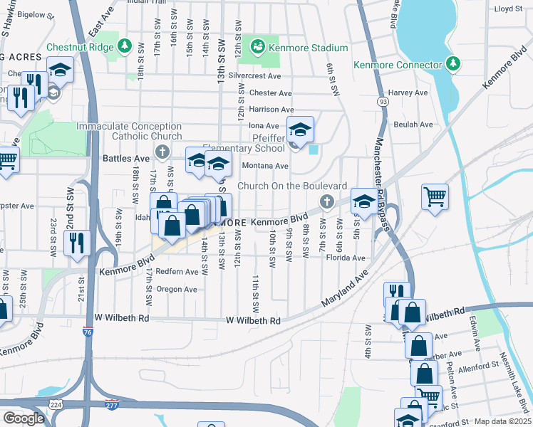 map of restaurants, bars, coffee shops, grocery stores, and more near 2163 11th Street Southwest in Akron