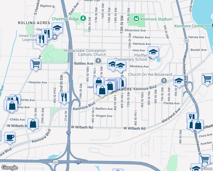 map of restaurants, bars, coffee shops, grocery stores, and more near 2172 15th Street Southwest in Akron