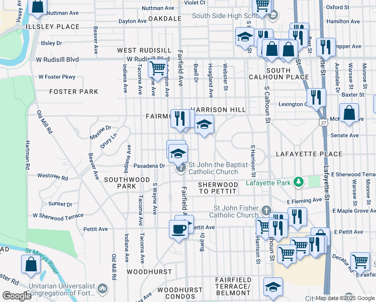 map of restaurants, bars, coffee shops, grocery stores, and more near 4326 Fairfield Avenue in Fort Wayne