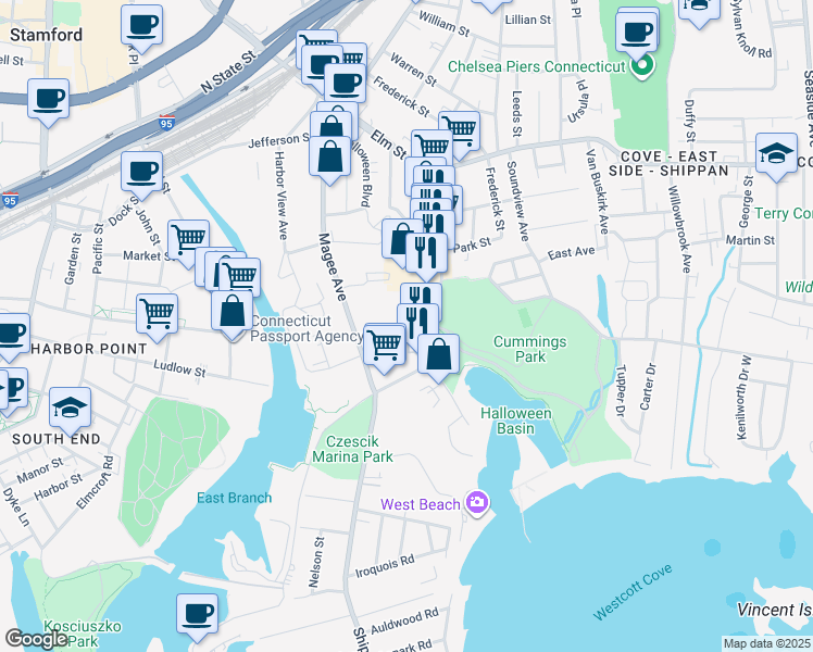 map of restaurants, bars, coffee shops, grocery stores, and more near 511 Shippan Avenue in Stamford