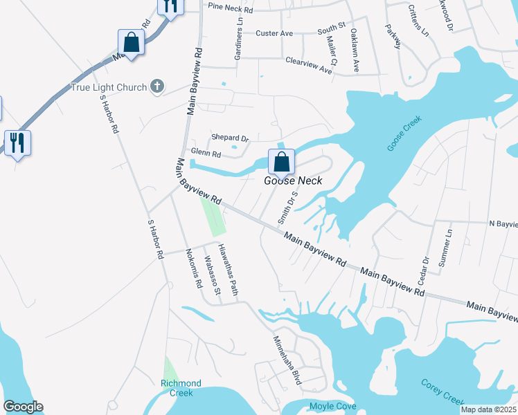 map of restaurants, bars, coffee shops, grocery stores, and more near 155 Smith Drive North in Southold