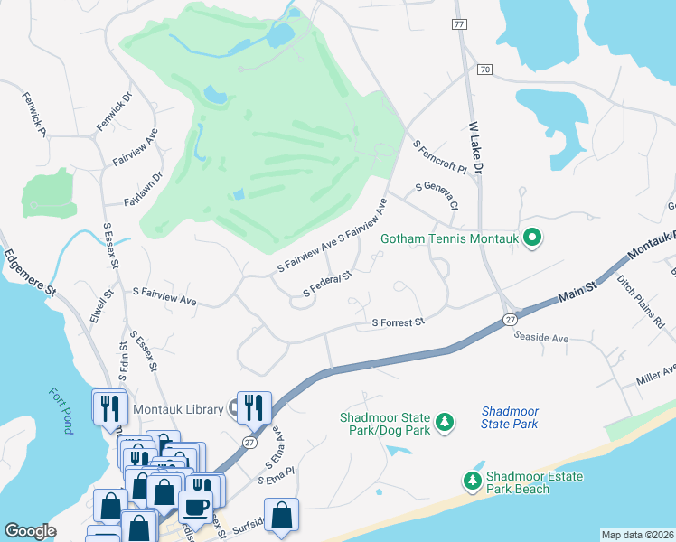 map of restaurants, bars, coffee shops, grocery stores, and more near 107 South Fairview Avenue in Montauk