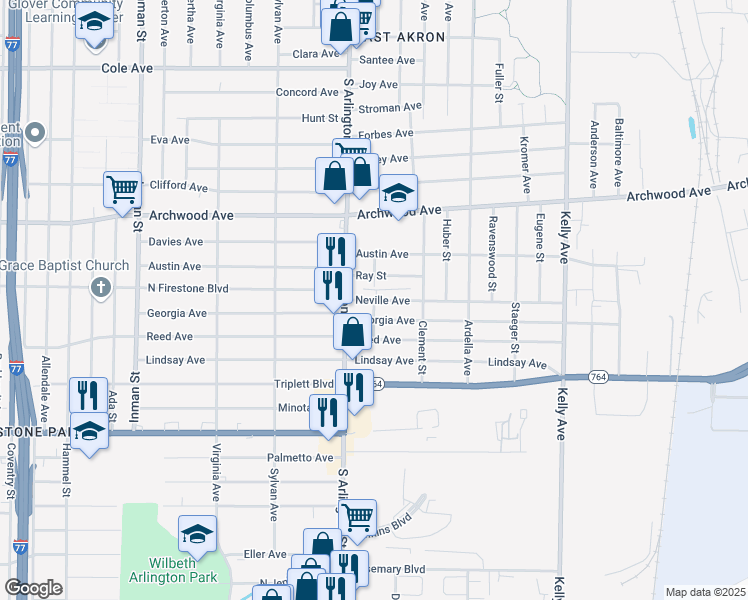 map of restaurants, bars, coffee shops, grocery stores, and more near 1029 Neville Avenue in Akron